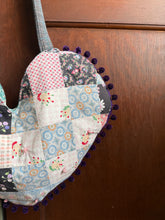 Load image into Gallery viewer, Large Vintage Quilt Heart Tote Bag with Purple Pom Poms
