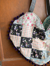 Load image into Gallery viewer, Large Vintage Quilt Heart Tote Bag with Purple Pom Poms