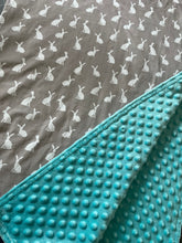Load image into Gallery viewer, Gray Bunny Silhouette and Aqua Minky Blanket