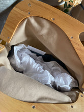 Load image into Gallery viewer, Wooden Handle Clutch in Pink Typewriter print canvas