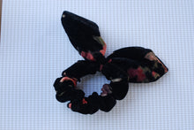 Load image into Gallery viewer, Black Velvet and Mesh Floral Scrunchie