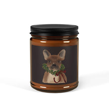 Load image into Gallery viewer, Holiday Frenchie Soy Candle — Amber Jar Scented Candle with Wreath Design
