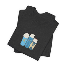 Load image into Gallery viewer, Vintage Coffee Flask Trio Graphic Tee — Minimal Blue Travel Mug Shirt
