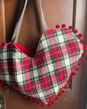 Load image into Gallery viewer, Large Flannel Plaid Heart Tote Bag with Red Pom Pom trim
