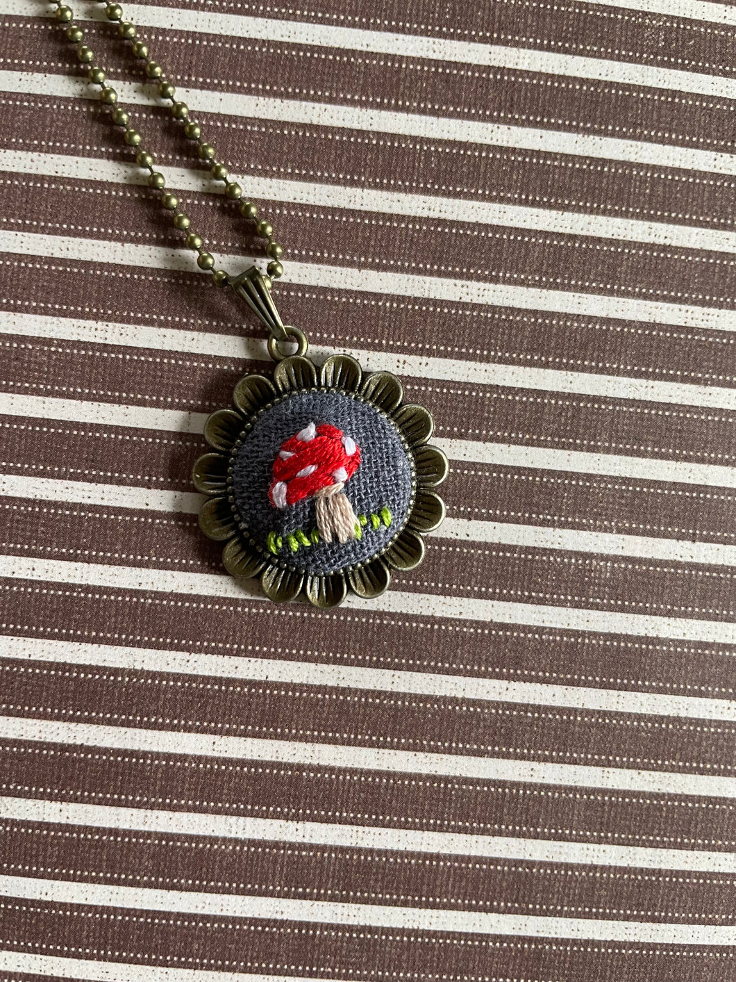 Hand Embroidered Mushroom on Linen Necklace