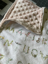 Load image into Gallery viewer, Floral Alphabet Flannel and Blush Pink Minky Baby Blanket
