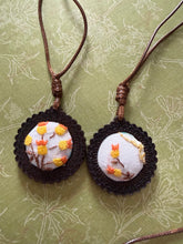 Load image into Gallery viewer, Boho Wooden pendant with Vintage Linen Embroidery
