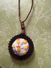 Load image into Gallery viewer, Boho Wooden pendant with Vintage Linen Embroidery
