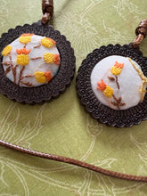 Load image into Gallery viewer, Boho Wooden pendant with Vintage Linen Embroidery
