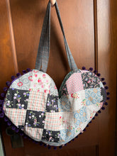 Load image into Gallery viewer, Large Vintage Quilt Heart Tote Bag with Purple Pom Poms

