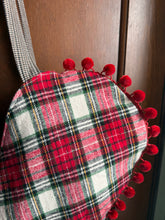 Load image into Gallery viewer, Large Flannel Plaid Heart Tote Bag with Red Pom Pom trim
