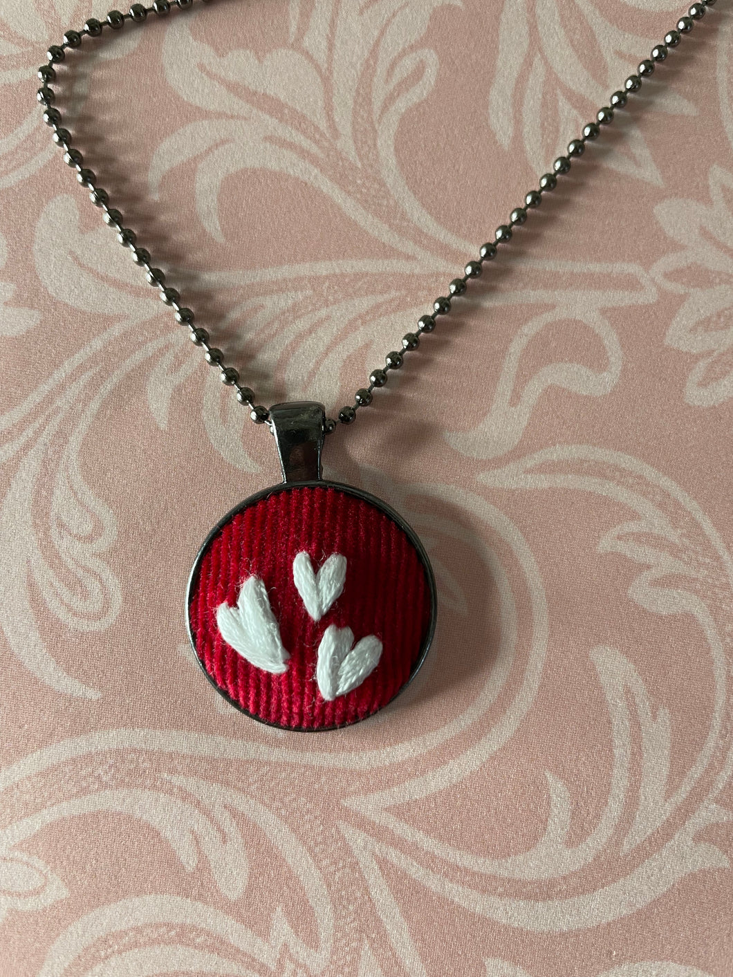 Hand Embroidered White Heart on Red Corduroy Necklace