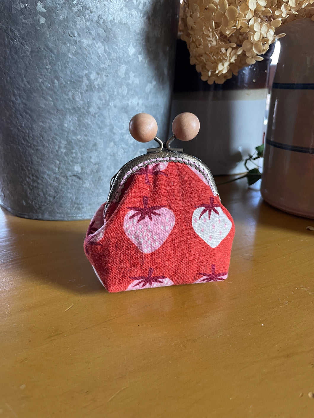 Coin Purse Strawberry red with wooden knobs