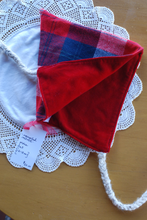 Load image into Gallery viewer, Plaid Flannel/Upcycled Red Velvet 12-18 month size Pixie Hat
