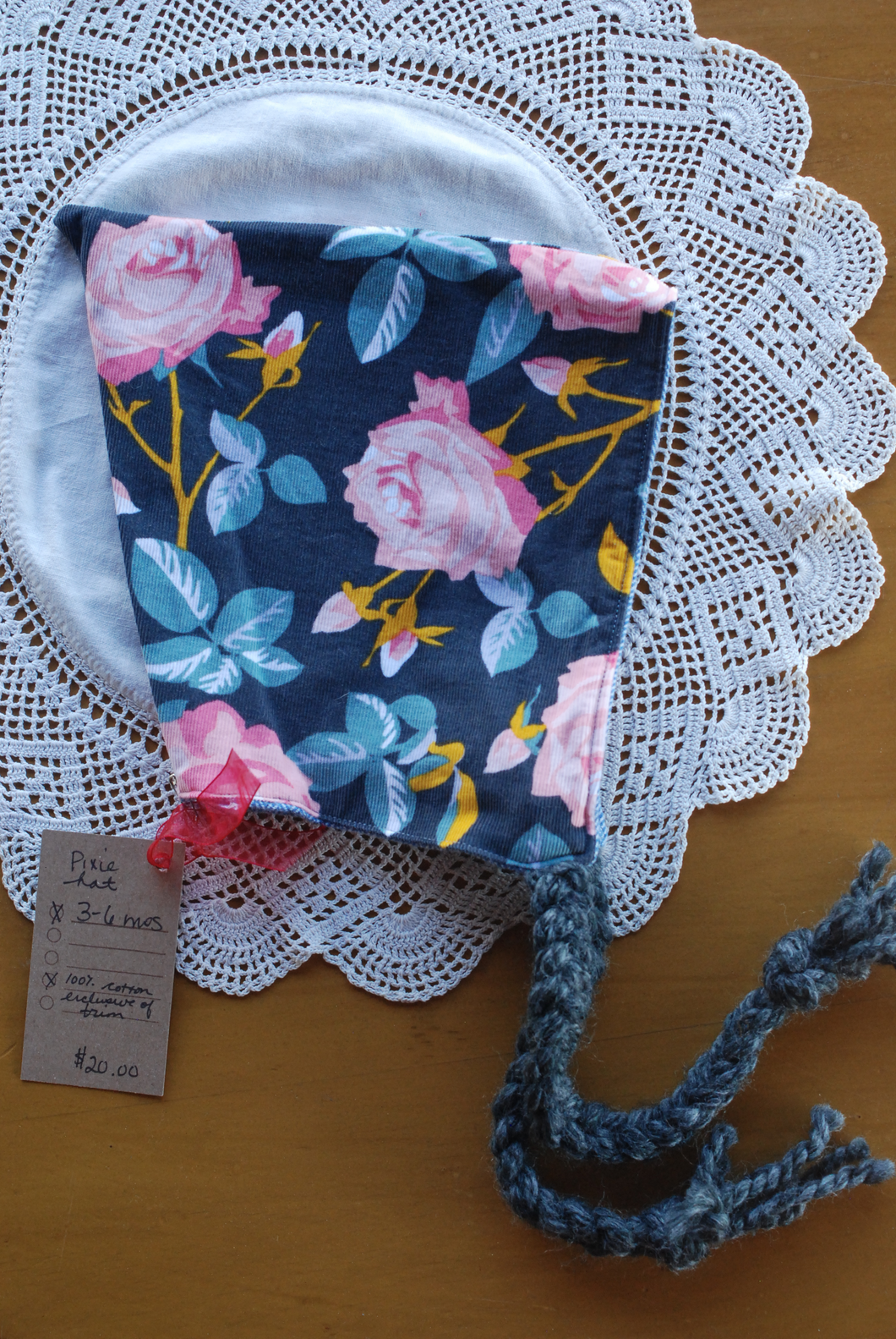 Floral Corduroy/Blue Flannel Size 3-6 month Pixie Hat