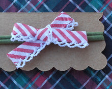 Load image into Gallery viewer, Crochet Edge Bias Tape Bow Headband-Red Stripe
