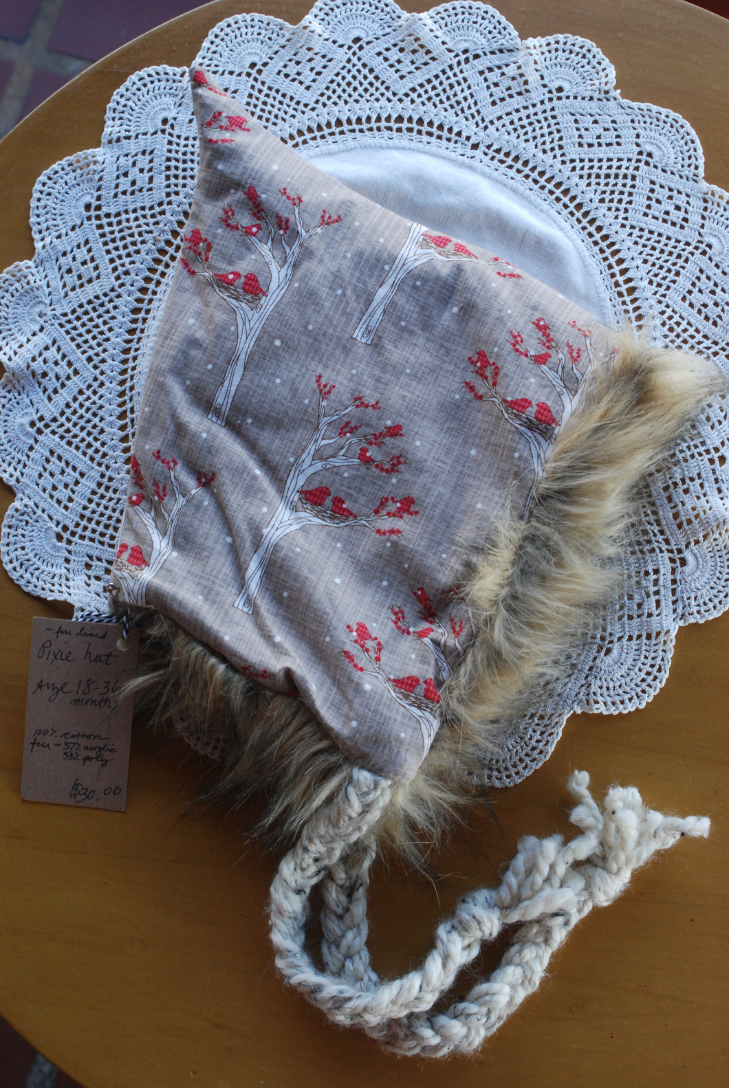 Cardinal Cotton/Fur 18-36 months size Pixie Hat