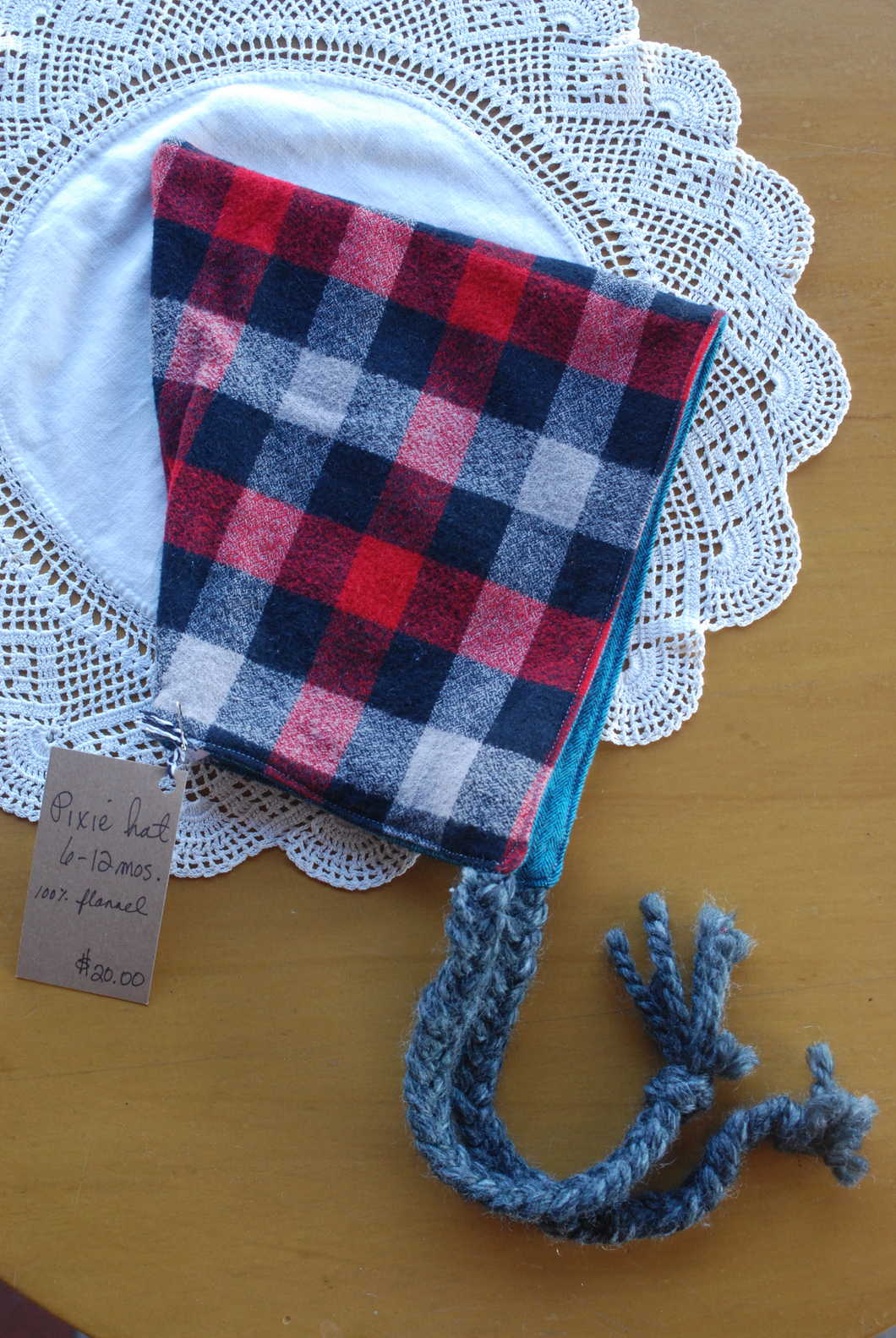 Plaid Flannel/Teal Herringbone Flannel Size 6-12 month size Pixie Hat