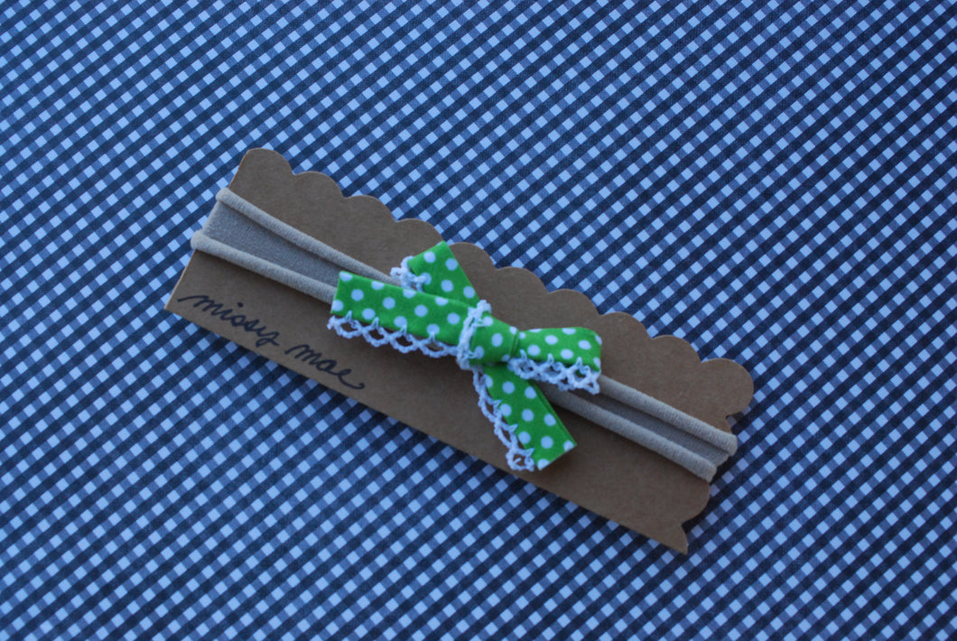 Crochet Edge Bias Tape Bow headband-green polka dots/beige