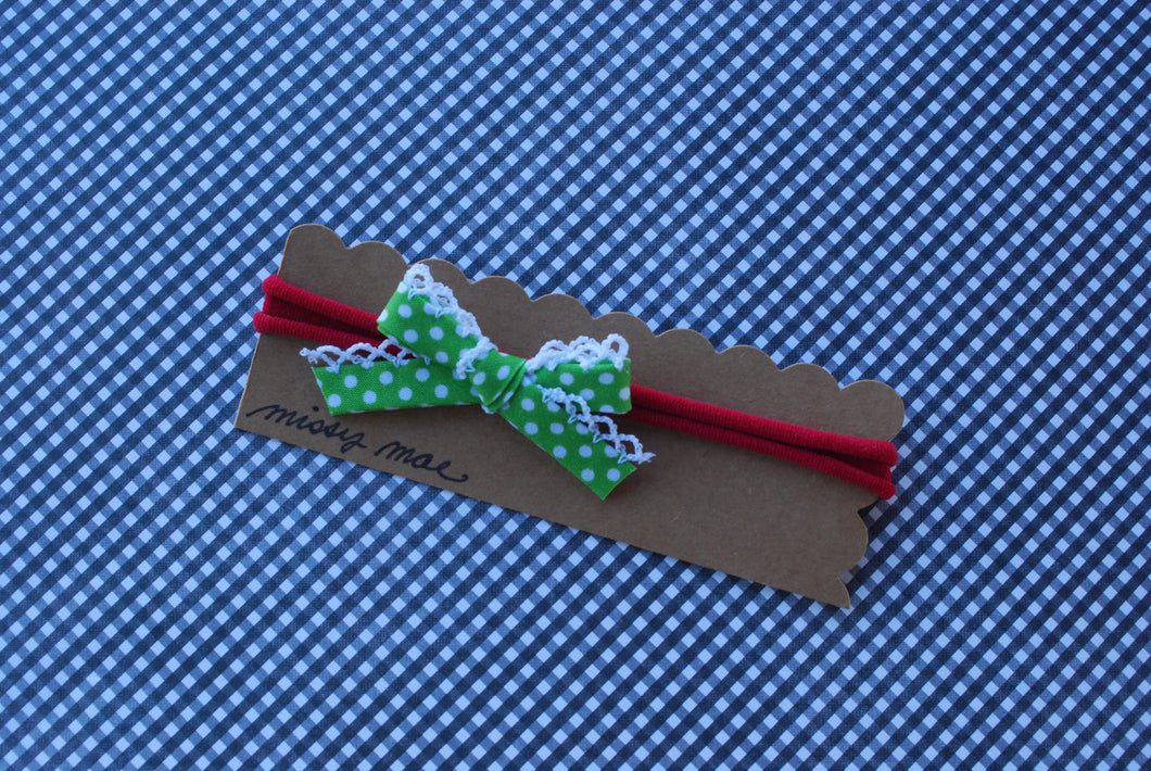 Crochet Edge Bias Tape Bow headband-green polka dots/red