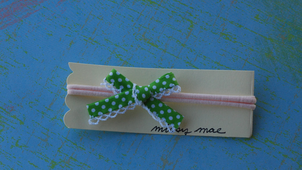Crochet Edge Bias Tape Bow Headband-green polka dot/pink