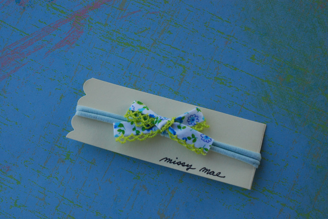 Blue Floral Crochet Edge Bias Tape Bow Headband-blue