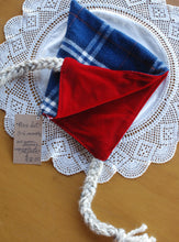 Load image into Gallery viewer, Blue Flannel/Red Velvet Pixie Hat Size 3-6 months
