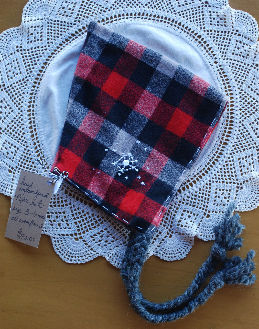 Plaid Flannel Hand Embroidered Snowflake Pixie Hat Size 3-6 months