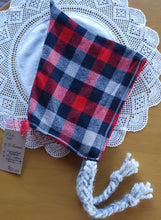 Load image into Gallery viewer, Plaid Flannel/Red upcycled Velvet 18-36 size Pixie Hat
