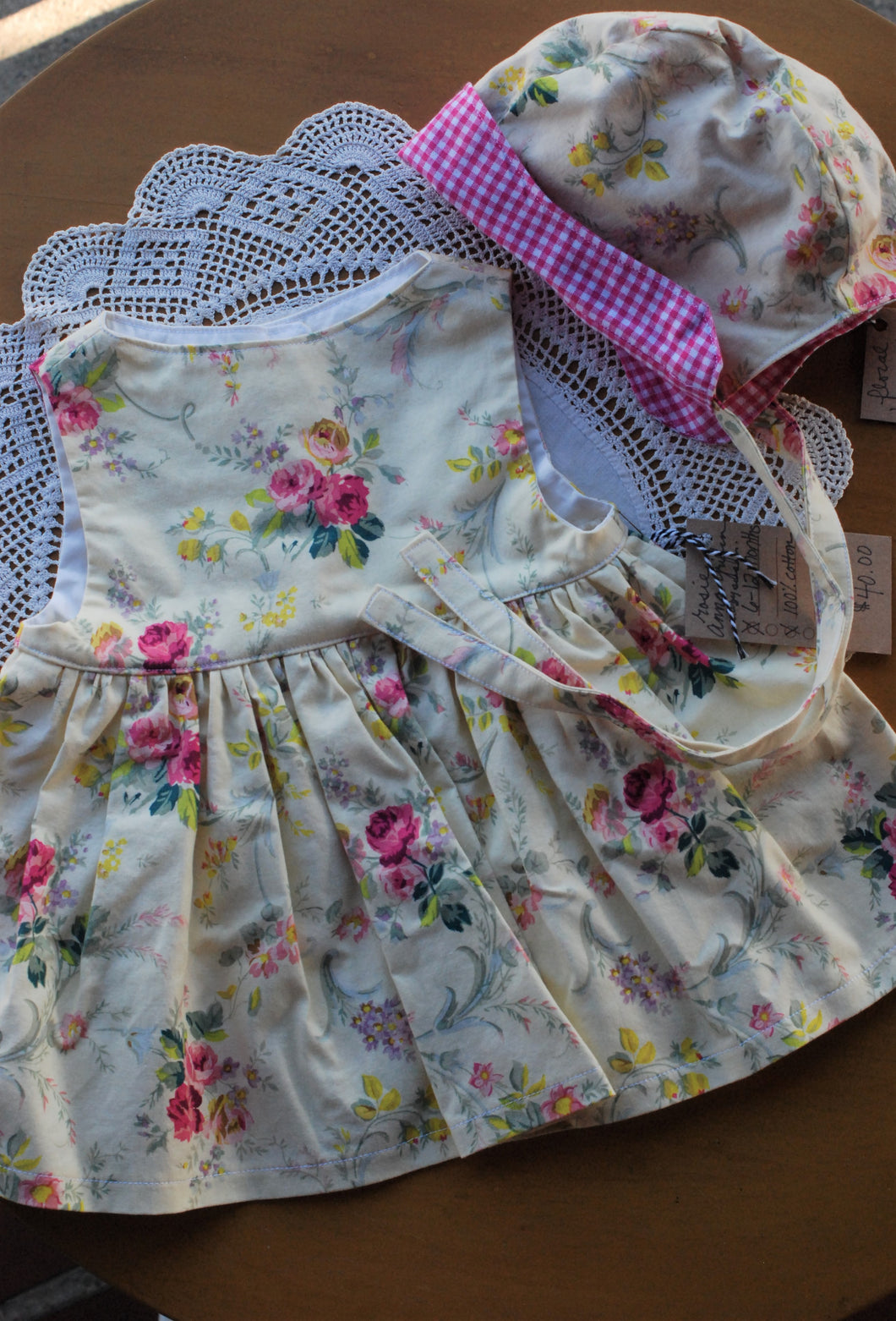 Yellow and Pink Floral Size 6-12 month Lazy Susan dress and bonnet SET