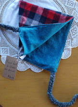 Load image into Gallery viewer, Plaid Flannel/Teal Herringbone Flannel Size 6-12 month size Pixie Hat
