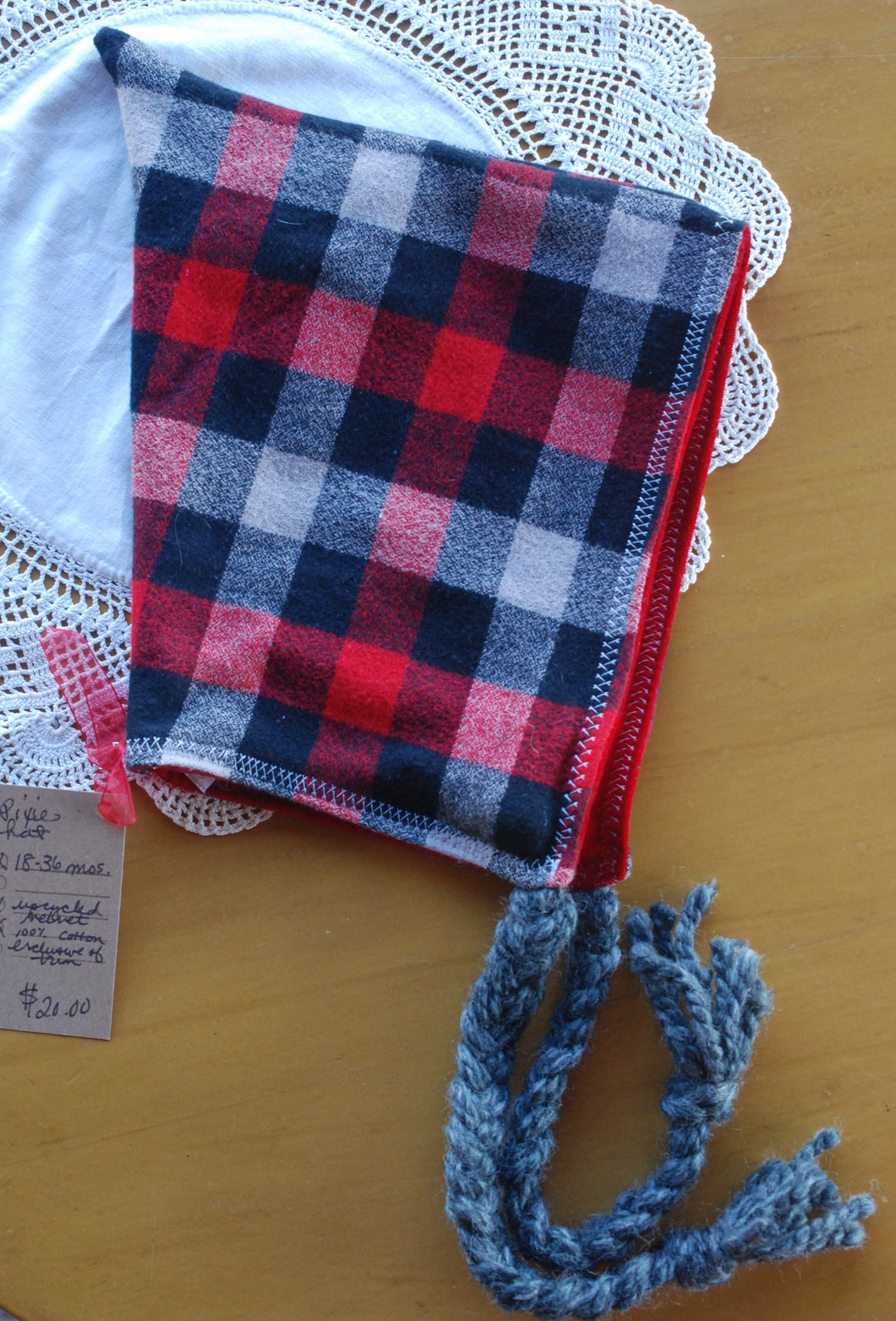 Plaid Flannel/Red Upcycled Velvet 18-36 month Size Pixie Hat