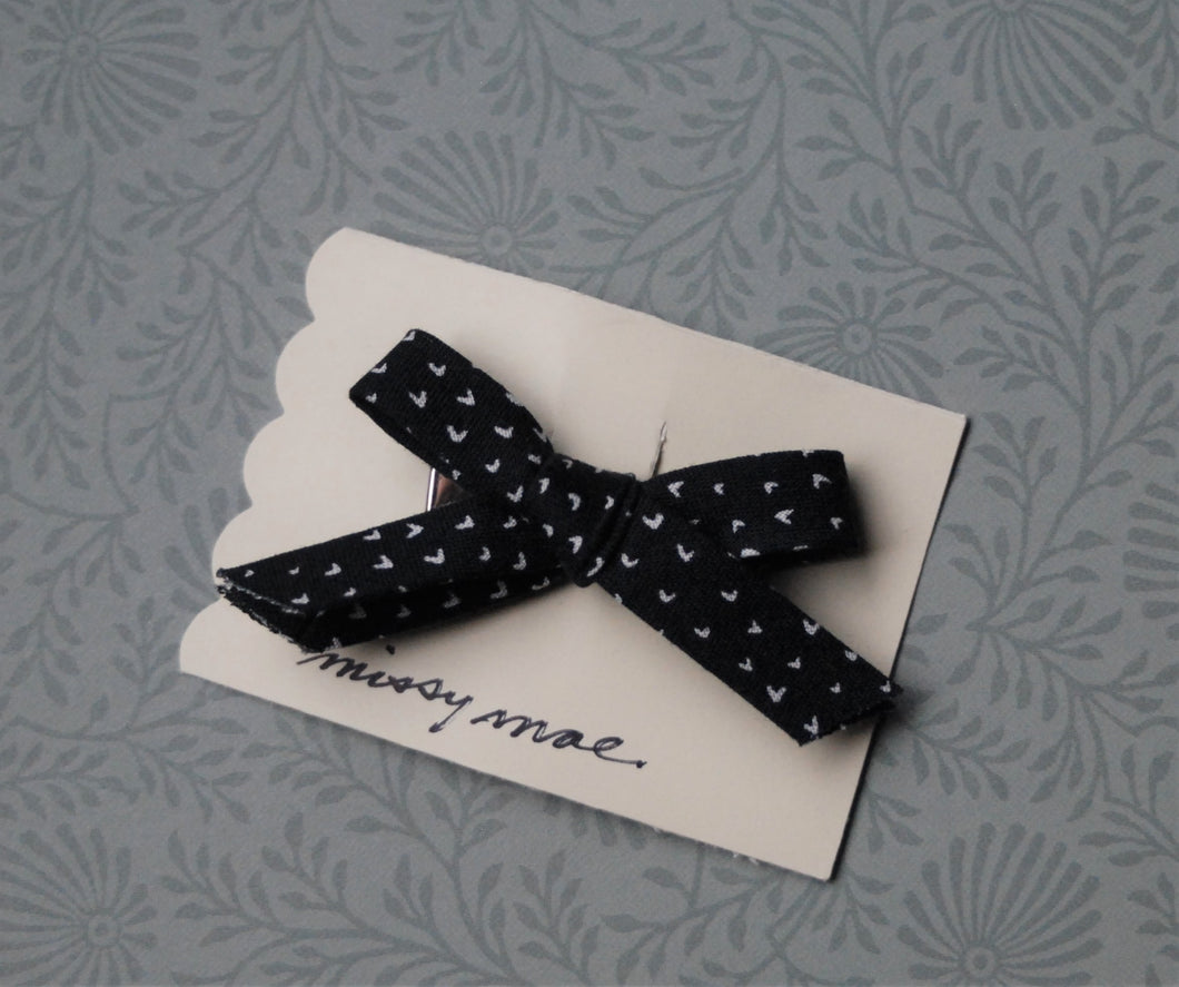 Bias Tape Bow Clip with Wee Hearts In Black Fabric