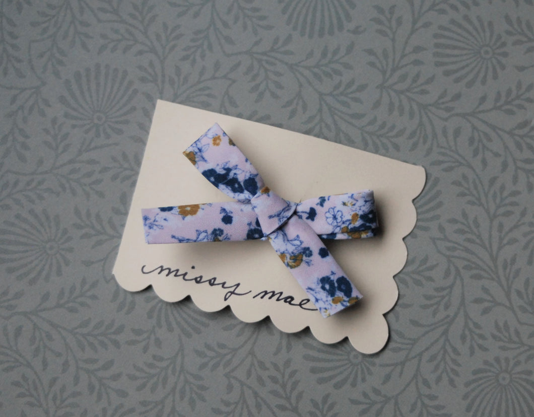 Bias Tape Bow Clip in Blue and Green Floral Fabric