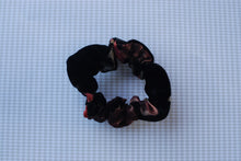Load image into Gallery viewer, Black Velvet and Mesh Floral Scrunchie
