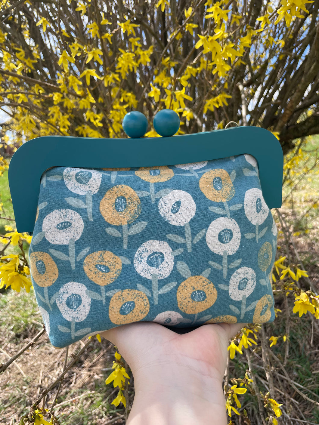 Blue Wooden Frame Clutch Yellow Floral Canvas