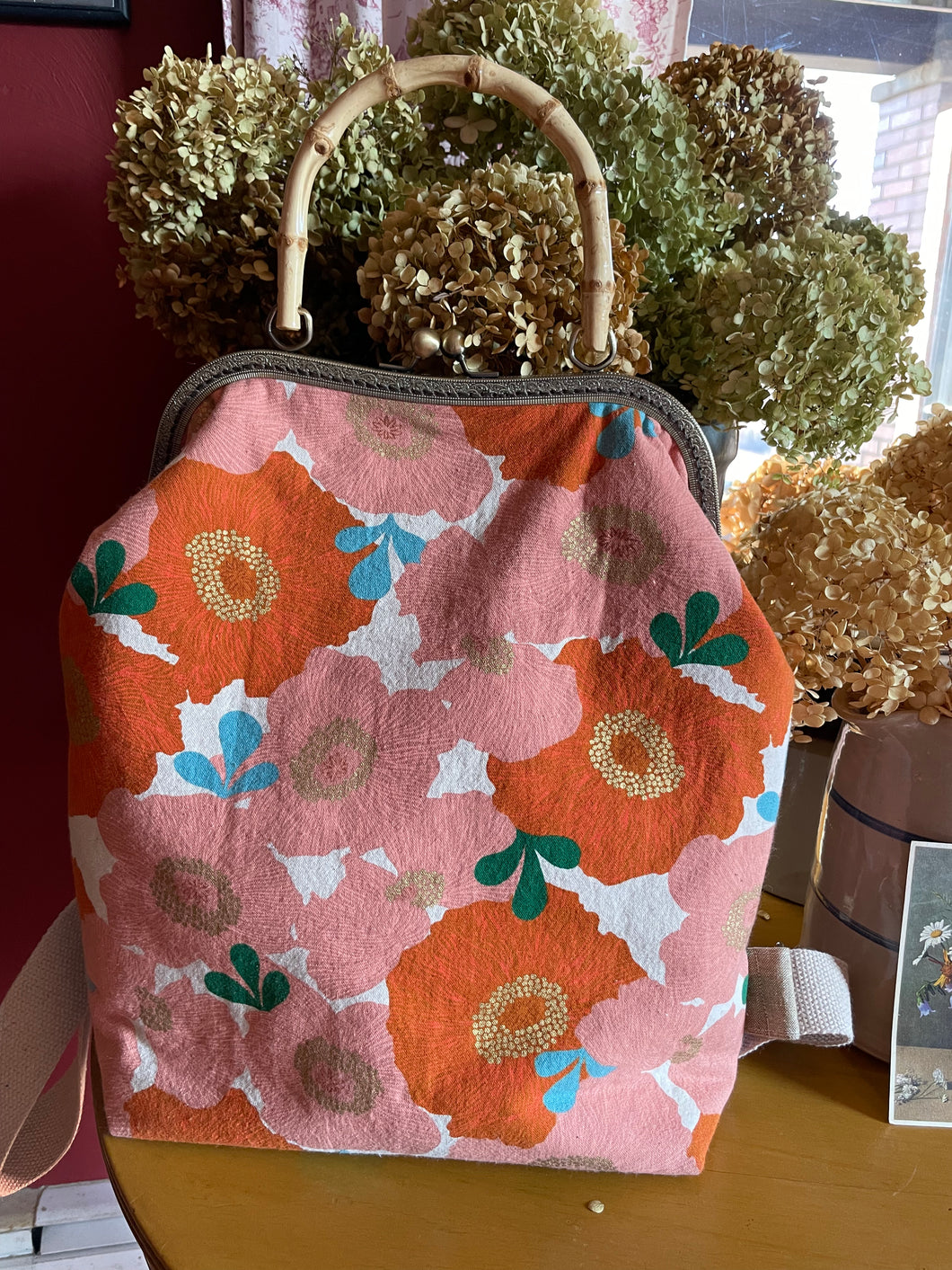 Floral Canvas orange and Pink Backpack Clutch Bag