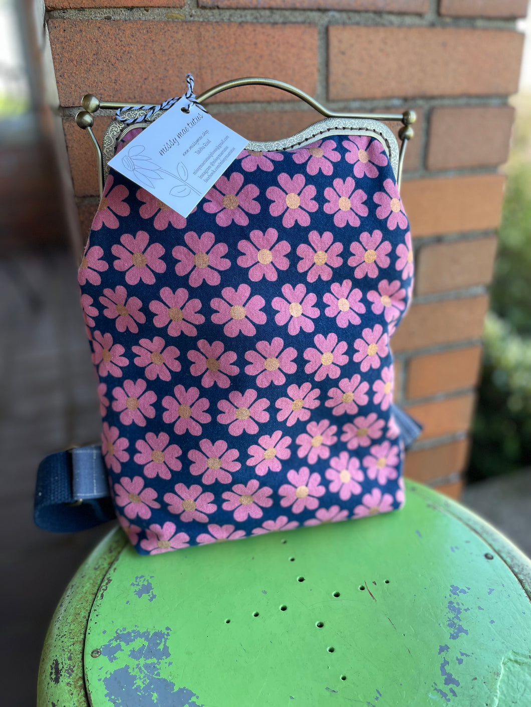 Navy + Pink Daisy Canvas Small Backpack Clutch