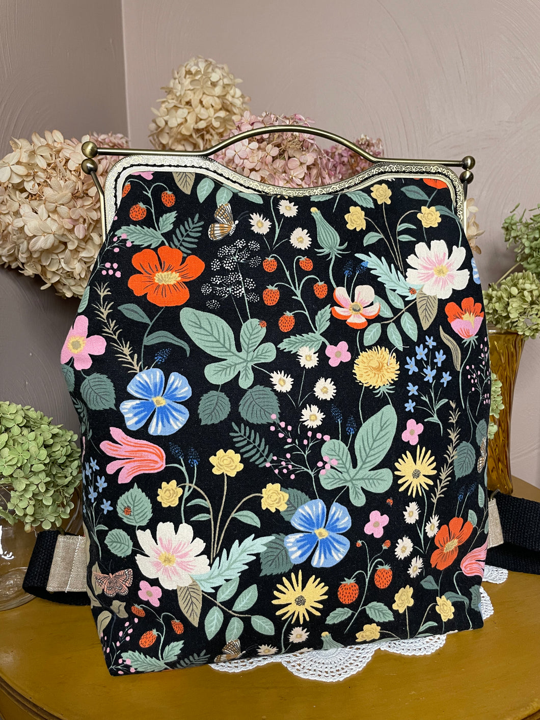Black Floral Large Backpack Clutch Bag