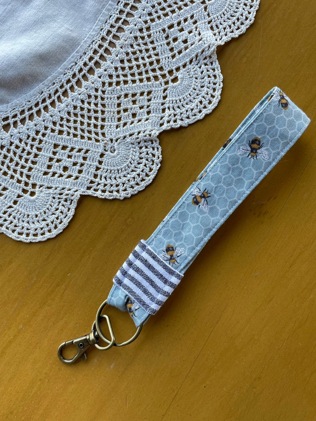 Bee and Linen Stripes Key Fob
