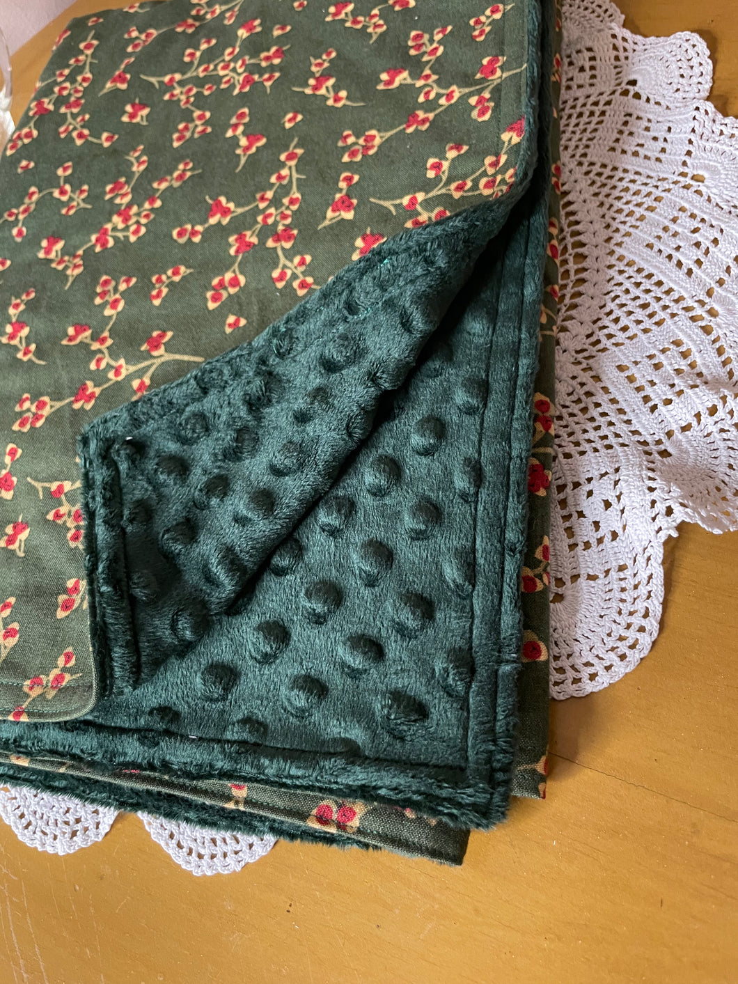 Forest green minky and berry blanket